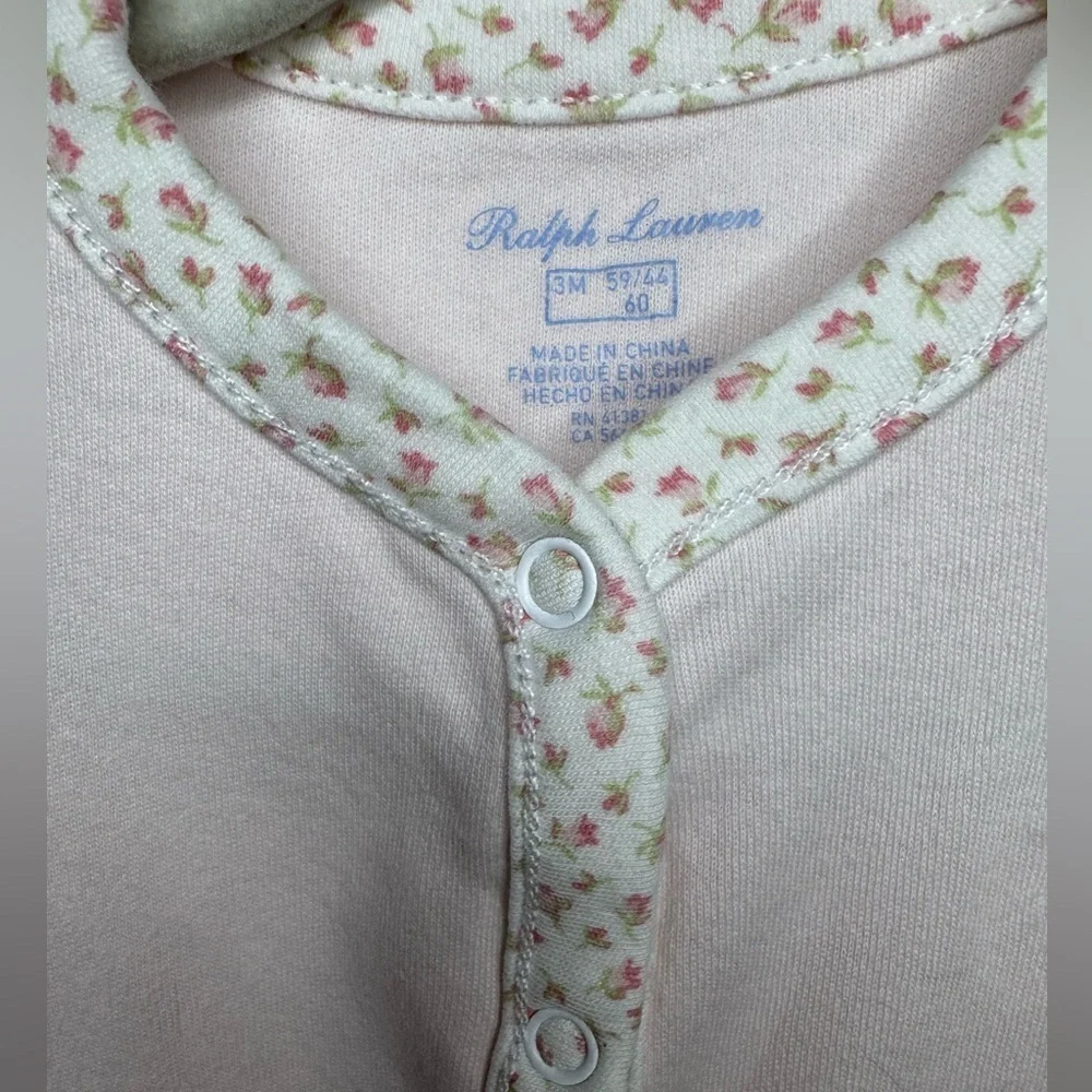 Ralph Lauren Light Pink Baby Girl Floral Trim Footie Pajamas Size 3M